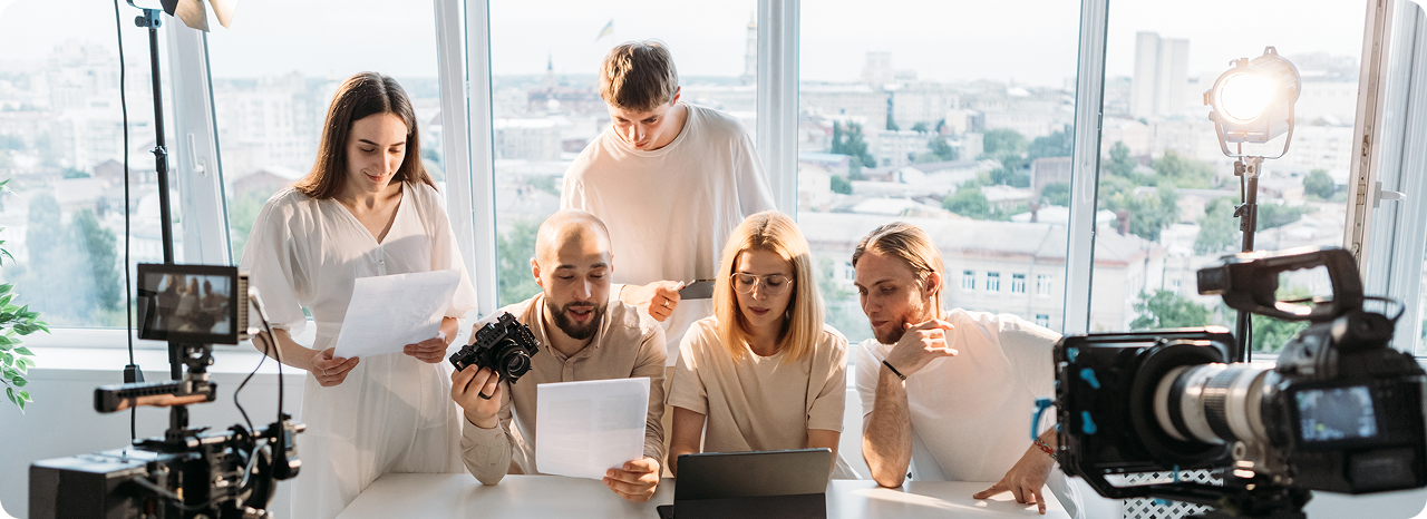 Creative team collaborating on a campaign in studio